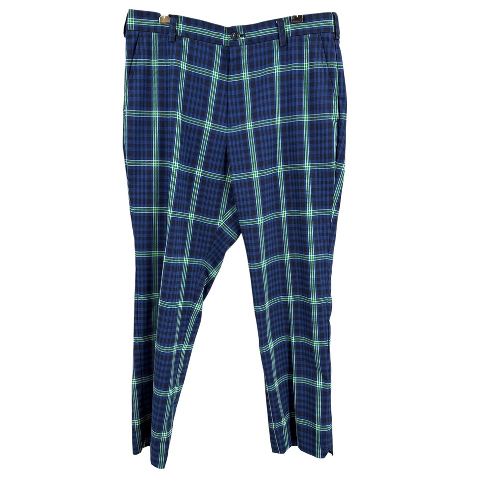 IZOD Golf Pants Size 34/30 Blue Green Plaid Check Performance Flat Front